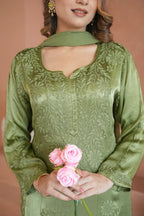 Gulnaar chikankari 3 pc set in (green.)