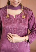 Gulnaar chinon chikankari 3 pc set in Wine