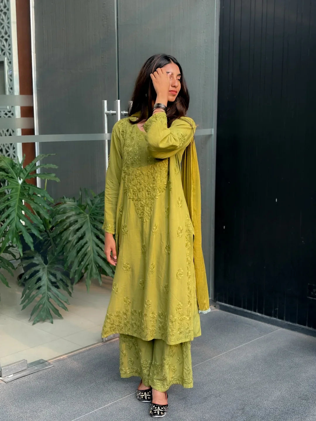 Olive Noor Chikankari Kurta Palazzo Set