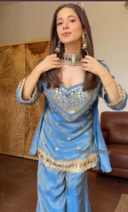 Sky Blue Hand-Embroidered Kurta Palazzo Set with Dupatta